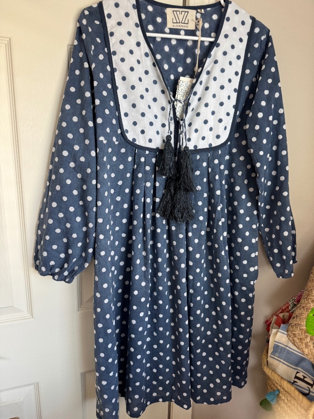 SZ BLOCKPRINTS, HAND BLOCKED/PRINTED, KITTY DRESS IN POLKA DOTS